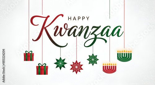 Kwanzaa Holiday Celebration Greeting Card Banner African American Heritage Festive Design Swahili Words Umoja Kinara Symbols Red Green Elements Hanging Decorations Gifts Unity Community Light Hope