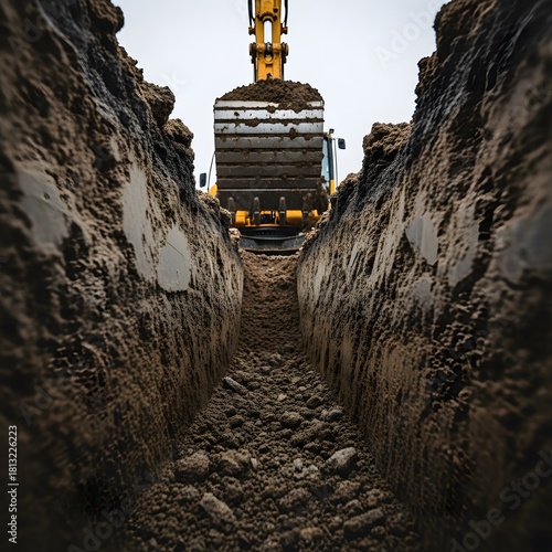 Excavator digging a trench construction equipment at work earthmoving operation