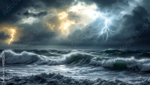 Fototapeta Naklejka Na Ścianę i Meble -  Lightning strike over stormy ocean