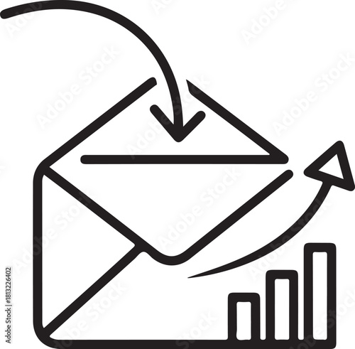 Successful email marketing strategy concept featuring open envelope outgoing message with bar graph and rising arrow indicating positive growth results