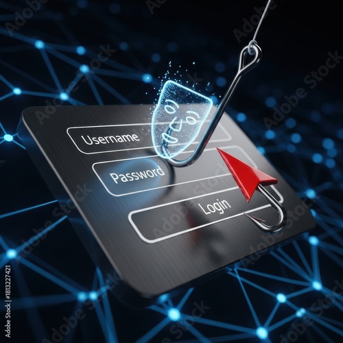 Cybersecurity vulnerability concept depicting data phishing attack with digital mask and