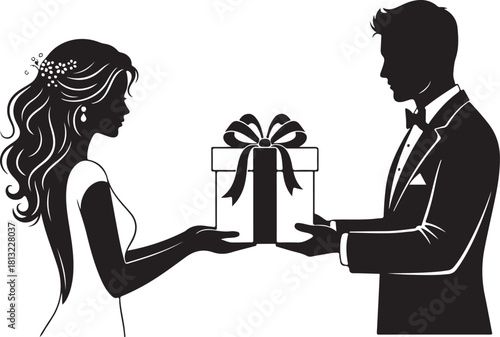 Elegant Wedding Gift Silhouette with Bride and Groom Illustration Vector Art