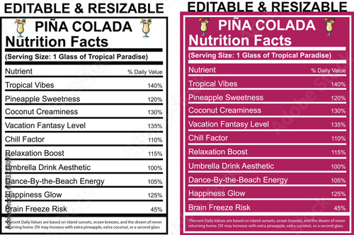Piña Colada Nutrition Facts Label with Tropical Drink Graphics