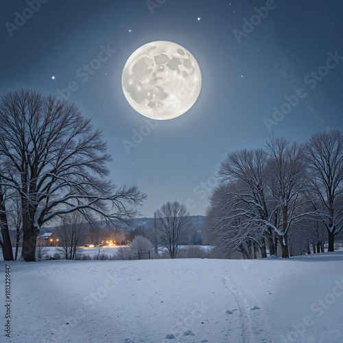 Winter night landscape with full moon and snowy trees  