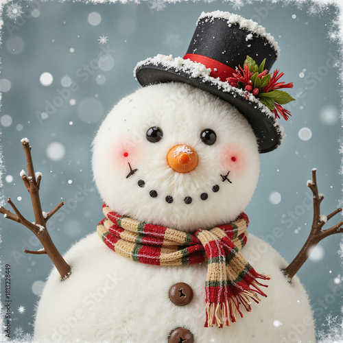 Snowman wearing a hat and scarf smiling in a winter background  