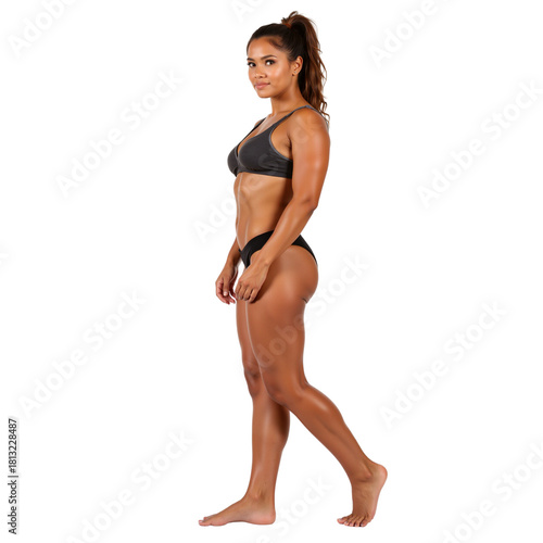 Athletic woman posing confidently in sportswear on white background  