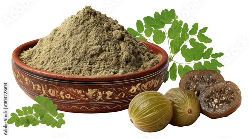 Natural Herbal Powder with Amla Fruit and Moringa Leaves in Decorative Bowl for Health and Wellness Purposes