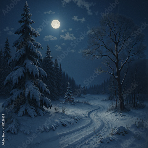 Snowy winter landscape with moonlight illuminating winding path  