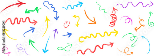 Colorful hand drawn arrow doodle collection with curved wavy and decorative directional elements sketch set