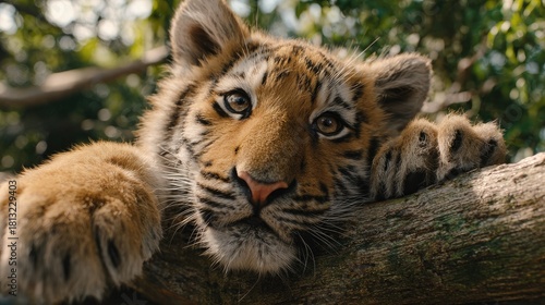 Close-up of a young tiger resting on a tree branch.