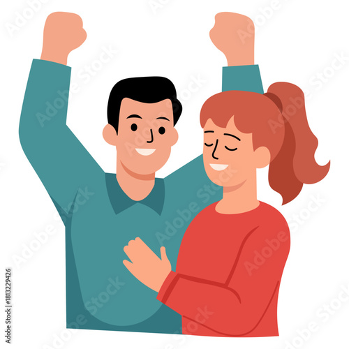 Happy Couple Celebrating Success Together with Raised Arms and Closed Eyes