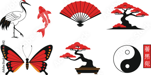 Elegant Japanese cultural vector set featuring bonsai trees, crane bird, koi fish, folding fan, butterfly design, yin yang symbol