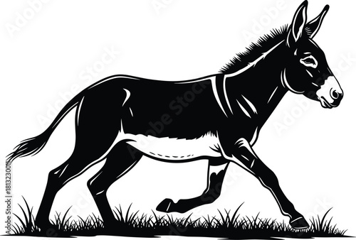 Running Donkey Vector Silhouette Icon, Farm Animal Black Graphic on Grass, Trotting Burro Domestic Mammal Symbol, Livestock Mascot Design Element