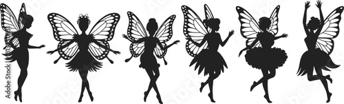 Fairy Silhouette Vector Illustration Set, Magical Butterfly Wings, Cute Fantasy Pixie Character, Dancing Nymphs, Fairytale Figures, Digital Cut File