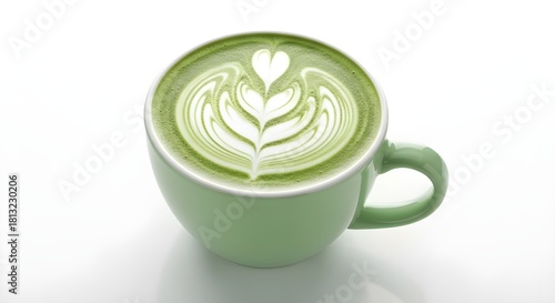 A cup of smooth and creamy matcha latte with delicate foam art on top, served in a clean white cup. A perfect beverage for tea lovers