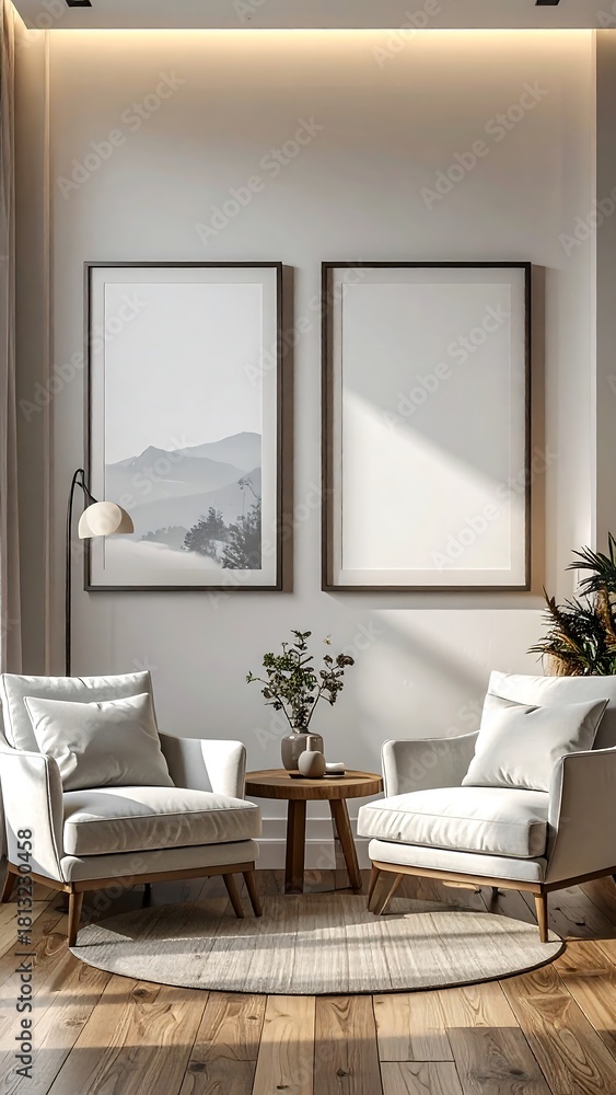 Fototapeta premium Cozy living room features two chairs, a small table, and framed art in a well-lit space