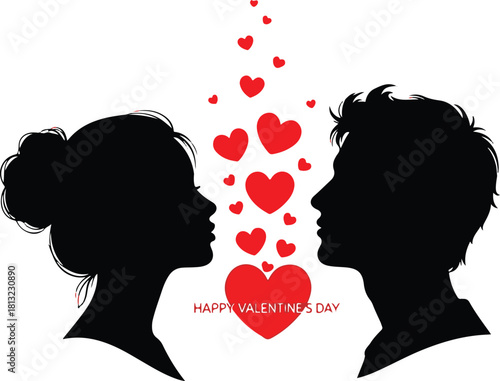 Silhouette Couple Heads Valentines Day Celebration with Floating Hearts Illustration