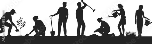 Group Gardening Silhouette Vector Illustration, People Planting, Digging, Watering in a Community Garden, Reforestation, Green Earth Project