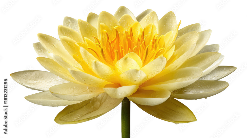 Fototapeta premium Beautiful Yellow Water Lily Blooming with Petals and Raindrops Creating a Serene Natural Scene