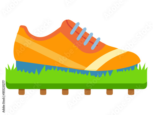 Close-up of football boot on vibrant green turf, showcasing intr.