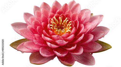 Beautiful Pink Water Lily Blossom with Green Leaves Isolated on White Background for Floral Design Projects