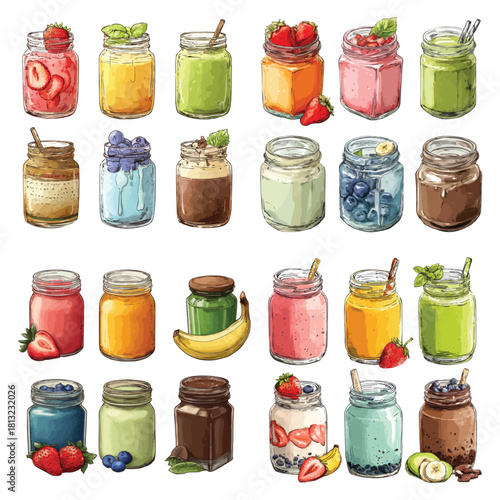 hand-drawn set of colorful smoothies in jars, strawberry, mango, matcha, blueberry, chocolate banana Illustration