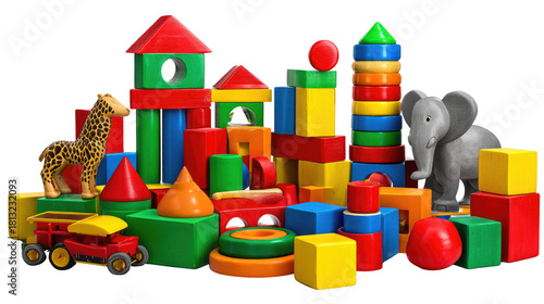 Colorful Building Blocks and Toy Animals in a Playful Arrangement for Children’s Development and Creativity