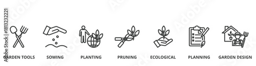 Gardening banner vector illustration concept with icon of garden tools, sowing, planting, pruning, ecological, planning and garden design