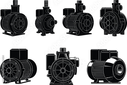 Electric motor silhouette, industrial pump design, mechanical component layout, engineering equipment view, power unit, flat vector