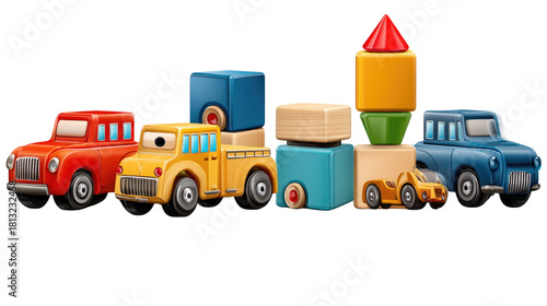 Colorful Toy Vehicles and Building Blocks for Kids' Playtime and Educational Activities