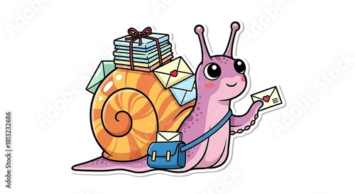 Cute cartoon snail mail carrier delivering a stack of letters and packages.
