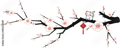 Elegant plum blossom branch with cute cat and traditional Chinese hanging ornament, symbolizing spring, luck, celebration, and festive cultural decoration.