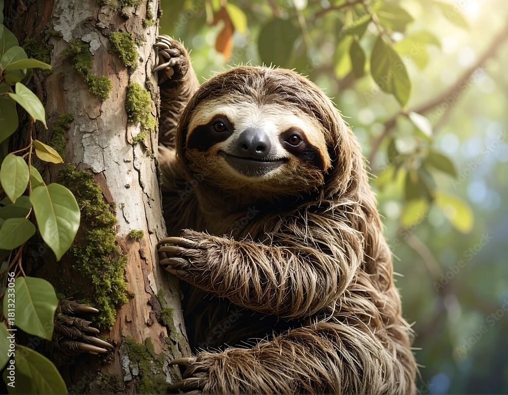 Naklejka premium Close-up of a smiling sloth clinging to a tree, bright sunlight