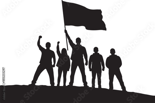 Silhouette of diverse group of people standing for a cause victory