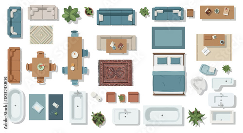 top view household furniture and interior decor items for architectural floor plans and residential layout designs.
