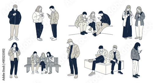 people engrossed in their smartphones in various settings depicting modern digital communication social media culture and everyday technology use.