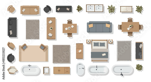 top view of modern household furniture and decor elements arranged as a floor plan template for interior design architectural layouts and spatial planning concepts.
