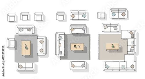 top view furniture arrangements and diverse living room layouts in a clean plan view template for interior design and space planning.