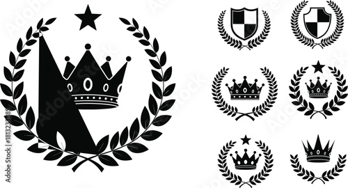 Elegant royal crown and laurel wreath heraldic emblem set featuring shield and star symbols for luxury branding and vintage design.