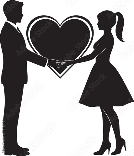 Silhouette of loving couple holding heart symbolizing connection and commitment