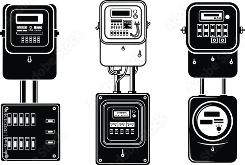 Electrical meter boxes, circuit breaker panels, power distribution units, control gear icons, building safety systems, flat vector