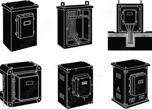 Electrical junction boxes, enclosures, underground cable housing, power distribution units, high voltage safety cases, flat vector