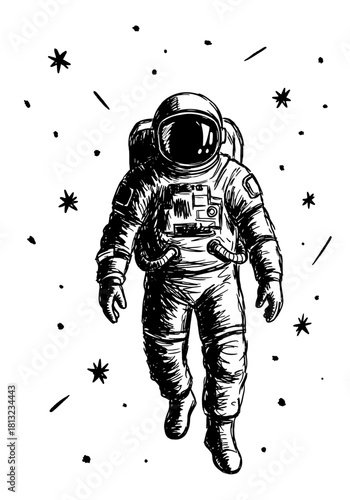 Hand-Drawn Astronaut Floating in Outer Space in Engraving Style, Monochrome Sketch Vector
