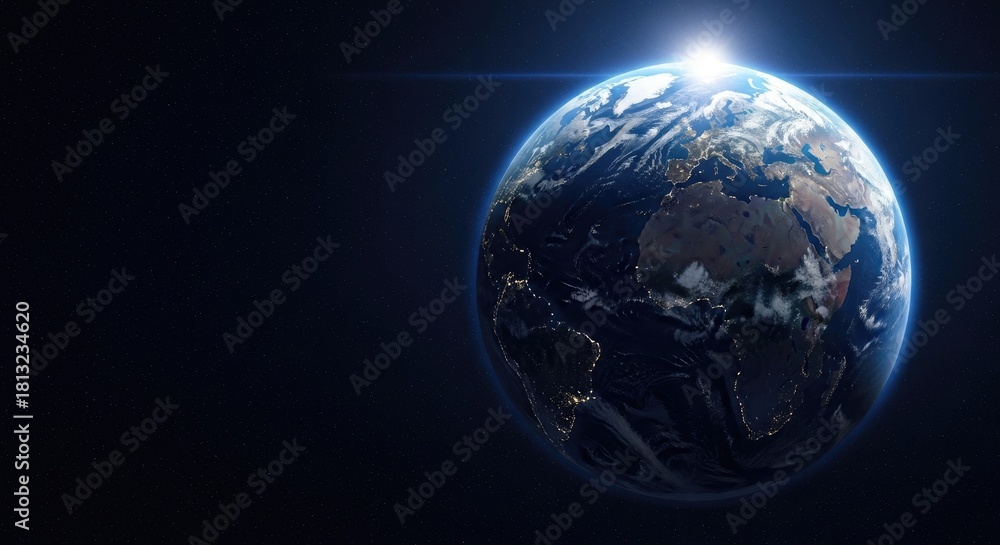 Fototapeta premium The Earth, a blue and green planet with a glowing sun in the background, viewed from space.