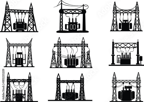 Electrical substation silhouettes, power grid icons, high-voltage equipment, transformer layouts, energy infrastructure design, flat vector