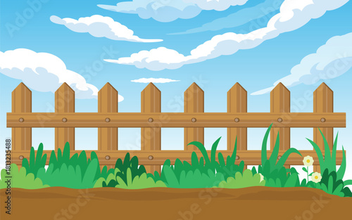 Wooden Fence in Bright Green Landscape with Blue Sky
