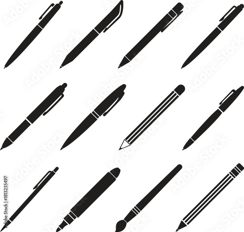 Pen Icon set. Collection of vector for writing and artistic tools pen, pencil, marker, paintbrush. classic hand writing tool for calligraphy. Web site page and mobile app design vector element.