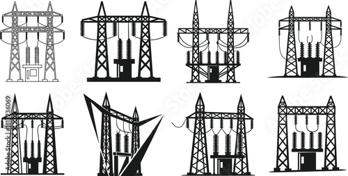 Electrical substation silhouettes, transmission towers, high-voltage power grid icons, energy infrastructure design, engineering art, flat vector