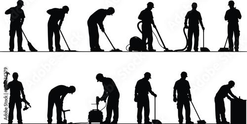 Black silhouette collection of male construction workers and industrial cleaners performing various maintenance tasks with equipment like vacuums brooms and hammers isolated on white