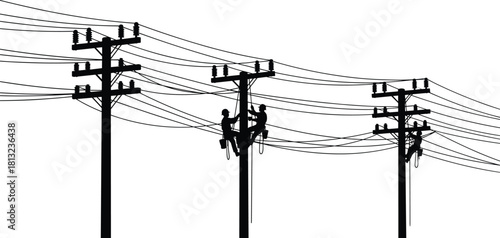 Black silhouette vector illustration of electric utility poles with wires, showing skilled linemen climbing and working on maintenance, fixing power lines against a white background.